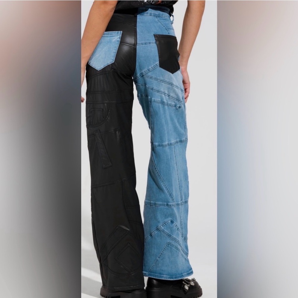 AKIRA Black Faux Leather and Blue Denim Patchwork Straight Leg Jeans - Picture 4 of 5